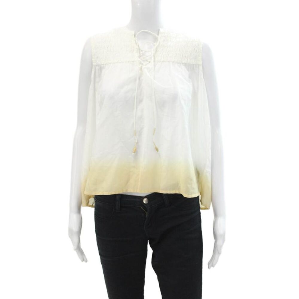 Mariacher Womens Sleeveless Lace Up V Neck Ombre Loose Fit Top White Brown Small